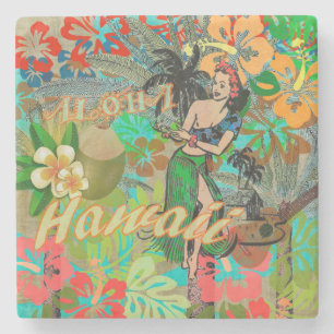 Hawaii Blume Hula Vintage Blumengrafik Steinuntersetzer