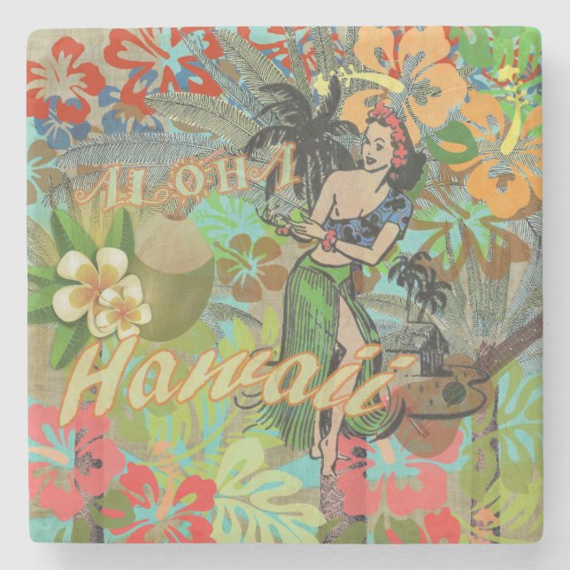 Hawaii Blume Hula Vintage Blumengrafik Steinuntersetzer (Vorderseite)