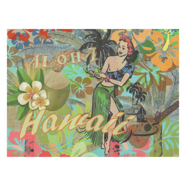Hawaii Blume Hula Vintage Blumengrafik Tischdecke (Vorderseite (Horizontal))