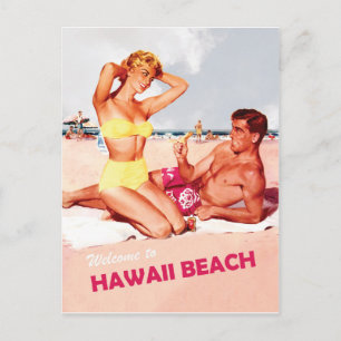 Hawaii, glückliches Surfer-Paar, Vintage-Reise Postkarte