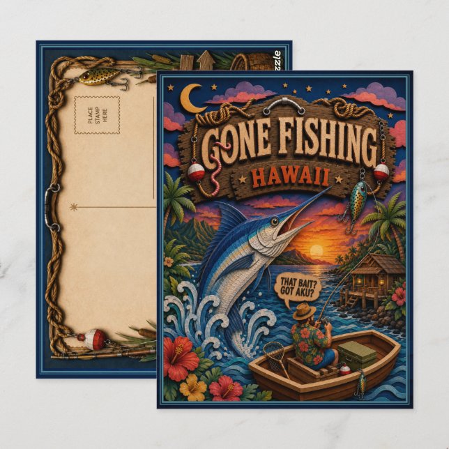 Hawaii Gone Fishing Blauer Marlin Postkarte (Vorne/Hinten)