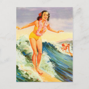 Hawaii, hawaiianisches Surfmädchen auf einer große Postkarte