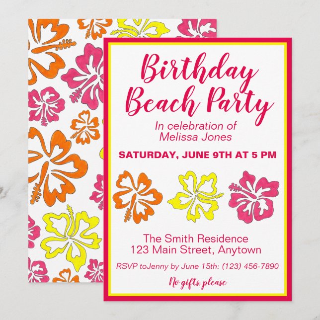 Hawaii Hibiskus Blume Birthday Beach Party Luau Einladung (Vorne/Hinten)