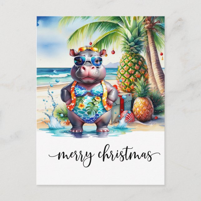 Hawaii Hippo celebrating Christmas at the beach  Postkarte (Vorderseite)