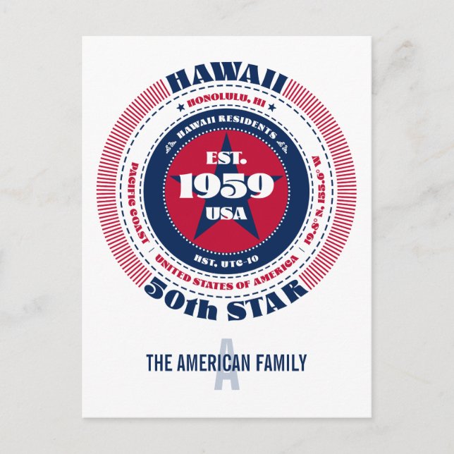 Hawaii, Honolulu, HI, Patriotic, Monogram Postkarte (Vorderseite)