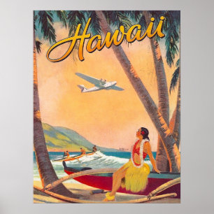 Hawaii, hula Mädchen auf tropischer Küste, Vintage Poster