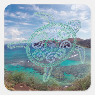 Hawaii-Inseln und Oahu-Schildkröte Quadratischer Aufkleber