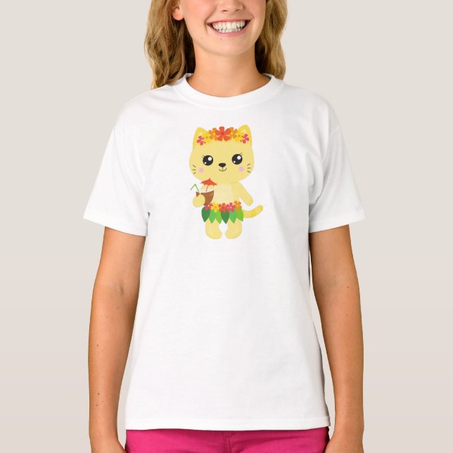 Hawaii Katze, Niedliche Katze, Gelbe Katze, Blume, T-Shirt (Vorderseite)