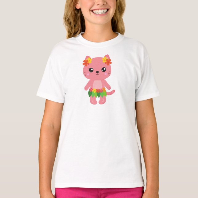 Hawaii Katze, Niedliche Katze, rosa Katze, Blume,  T-Shirt (Vorderseite)