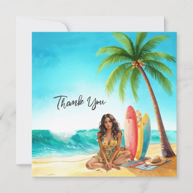 Hawaii-Mädchen mit Surfbrett am Strand  Dankeskarte (Vorderseite)