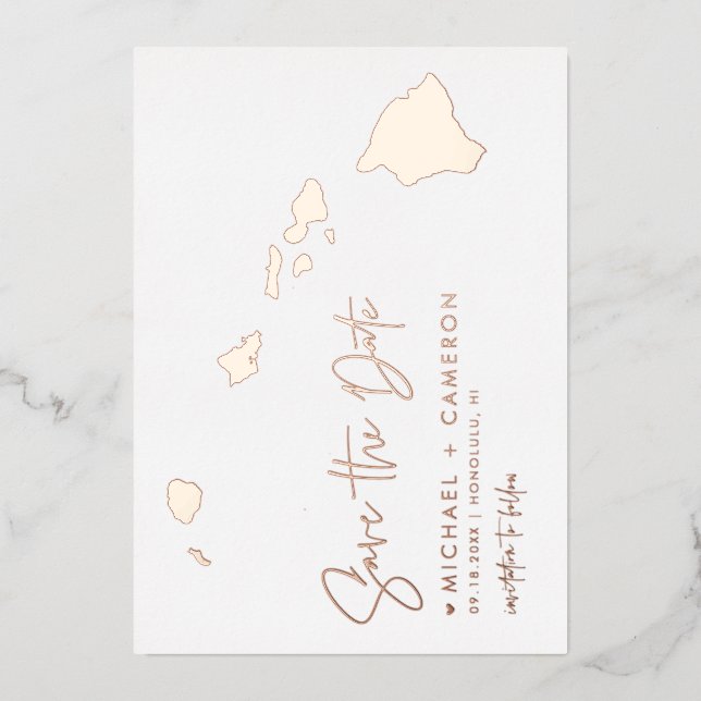 Hawaii Map Minimalistisch Save the Date Rose Gold Folieneinladung (Vorderseite)