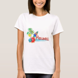 Hawaii mit Palmen, Blume und Surfbrett T-Shirt