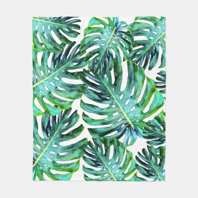 Hawaii Monstera Blatt Tropisches Grün Moderne Fleecedecke (Vorderseite)