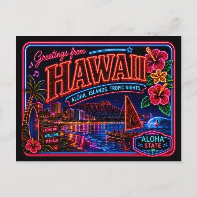 Hawaii Neon State Retro Vintage Postkarte (Vorderseite)