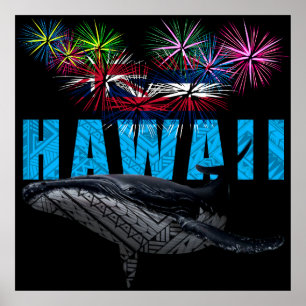 HAWAII NYE POLYNESIAN TRIBAL HUMPBACK FIREWORWORKS POSTER