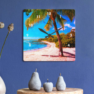 Hawaii-Palme Tropischer Strand Vintage-Look Foto Quadratische Wanduhr