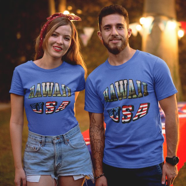 Hawaii Picture and USA T-Shirt (Hawaii Picture and USA Flag Text T-Shirt)