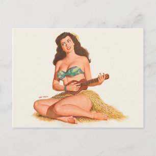Hawaii Pin-up Mädchen spielt kleine Gitarre, Maler Postkarte