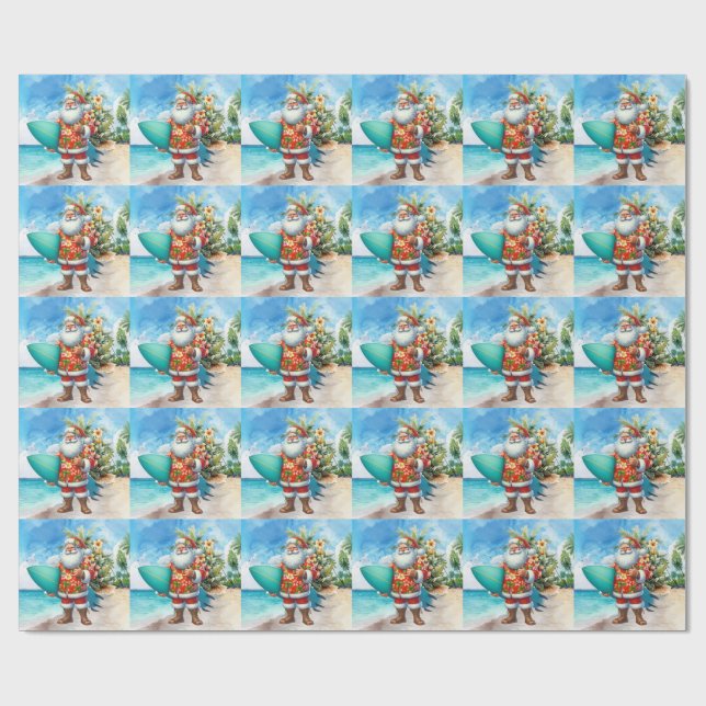 Hawaii Santa Claus is holding surf board Christmas Geschenkpapier (Flach)
