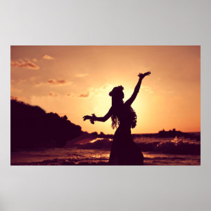 Hawaii, Silhouette eines Hula-Mädchens beim Sonnen Poster
