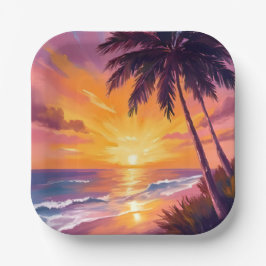 Hawaii-Strand-Sonnenuntergang-Malerei-Reise Pappteller