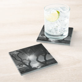 Hawaii Sunlit Trees Ocean Shore Schwarz und Weiß Glasuntersetzer