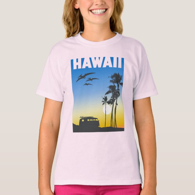 Hawaii Sunset Surf Dinosaur Girls' T-Shirt (Vorderseite)