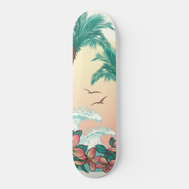 Hawaii Sunset Waves Hibiskus Blume Palmen Vögel Skateboard (Vorderseite)