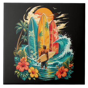 Hawaii Surfbrett Welle Strand Surfer Vintage Fliese