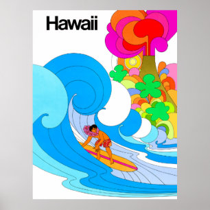Hawaii, Surfen auf großen Wellen, 60er Illustratio Poster
