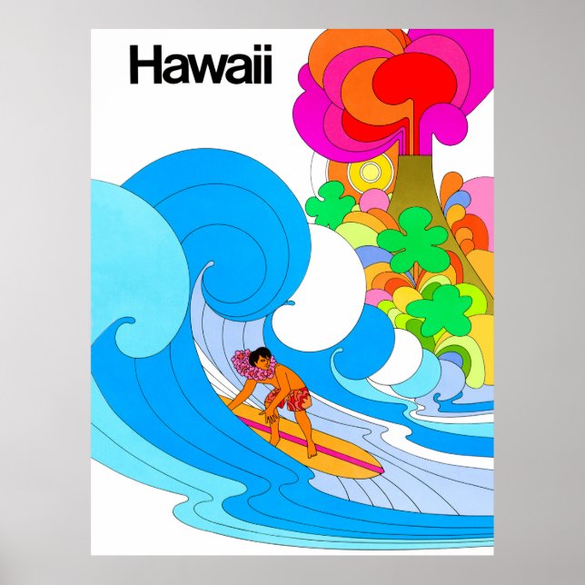 Hawaii, Surfen auf großen Wellen, 60er Illustratio Poster (Vorne)
