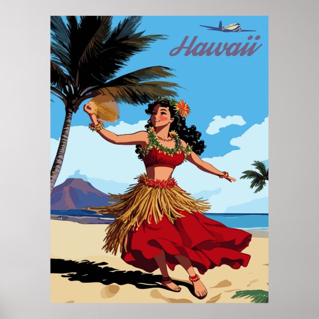 Hawaii, Tanzen Hula Girl am Strand, Reisen Poster (Vorne)