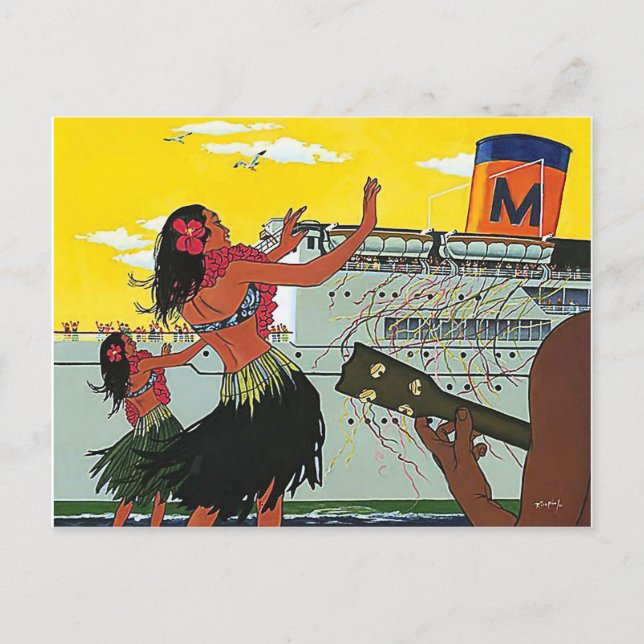 Hawaii, tanzende hula girls heißen Touristenschiff Postkarte (Vorderseite)