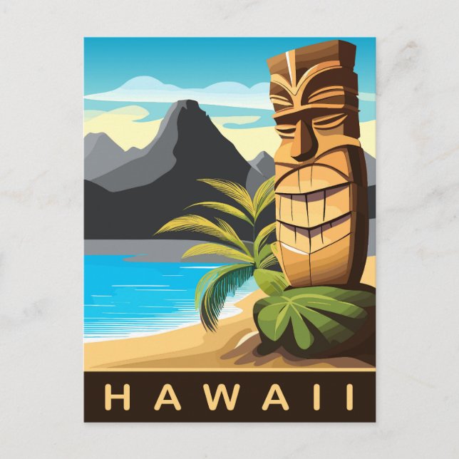 Hawaii, Tiki Statue am Strand, Reisen Postkarte (Vorderseite)