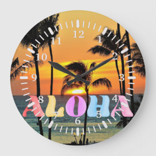 Hawaii Tropical Ocean Palm Tree Sunset Große Wanduhr
