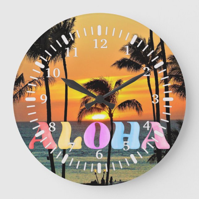 Hawaii Tropical Ocean Palm Tree Sunset Große Wanduhr (Vorderseite)