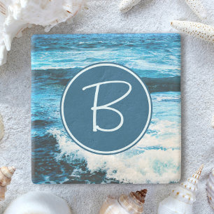 Hawaii Türkis Blue Ocean Waves Monogram Steinuntersetzer