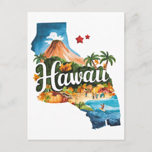 Hawaii USA Bundesstaat geformte Vintage-Wasserfarb Postkarte