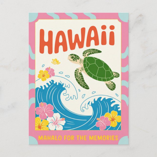 Hawaii USA Retro Sea Turtle Hibiscus Mahalo Postkarte (Vorderseite)