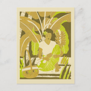 Hawaii Vintage Art Frau mit Blättern Postkarte