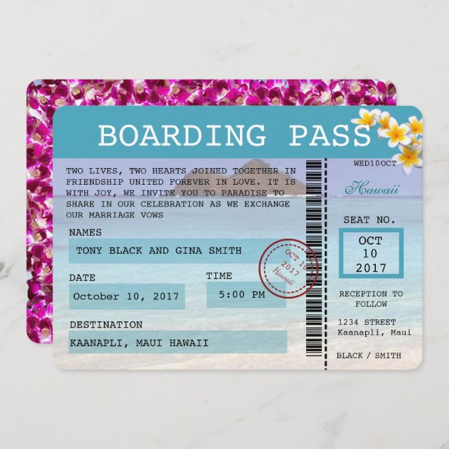 Hawaii Wedding Boarding Pass Einladung (Vorne/Hinten)