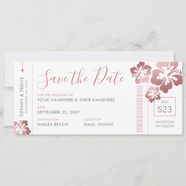 Hawaii Wedding Rose Gold Pink Boarding Pass Ticket Save The Date (Vorderseite)
