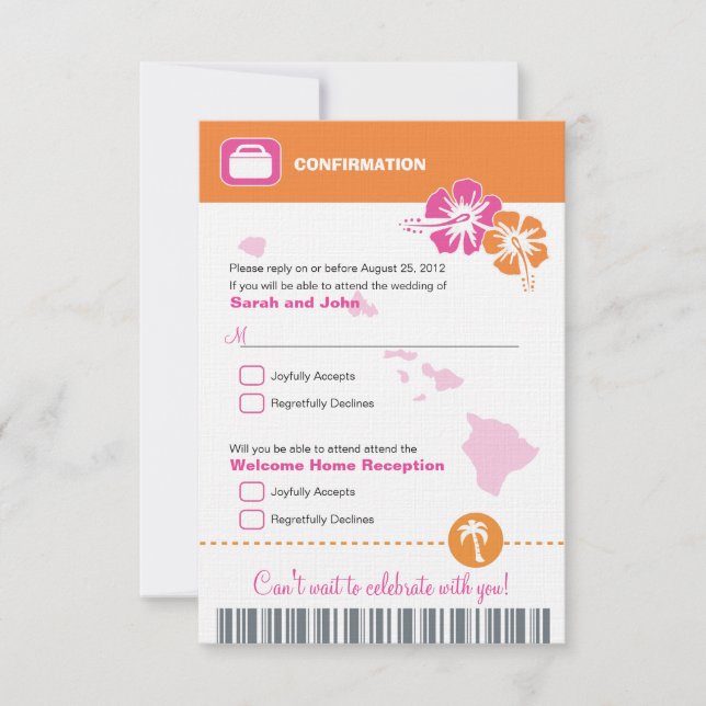 Hawaii Wedding RSVP Confirmation Boarding Pass Einladung (Vorderseite)