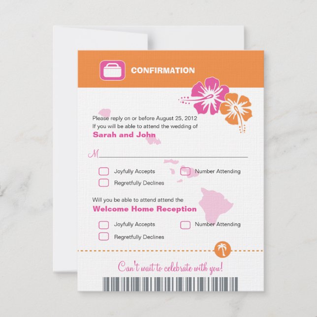 Hawaii Wedding RSVP Confirmation Boarding Pass Karte (Vorderseite)