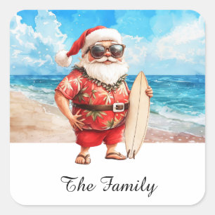 Hawaii WEIHNACHTSMANN mit Surfbrett am Strand Quadratischer Aufkleber