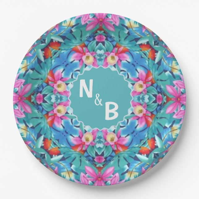 Hawaiian Abstrakt Monogram Couple Classic Round Pappteller (Vorderseite)
