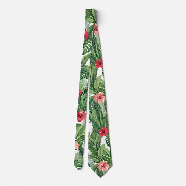Hawaiian Aloha Wear Tropical Blume Leaf Green Red Krawatte (Rückseite)
