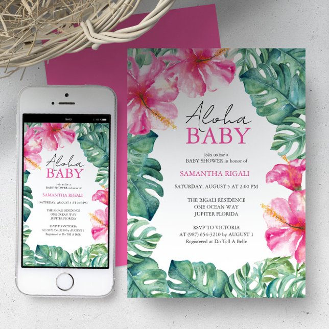 Hawaiian Baby Shower Einladungen Tropische Blume (Hawaiian baby shower invitations feature watercolor Hibiscus flowers and monstera palm leaves)