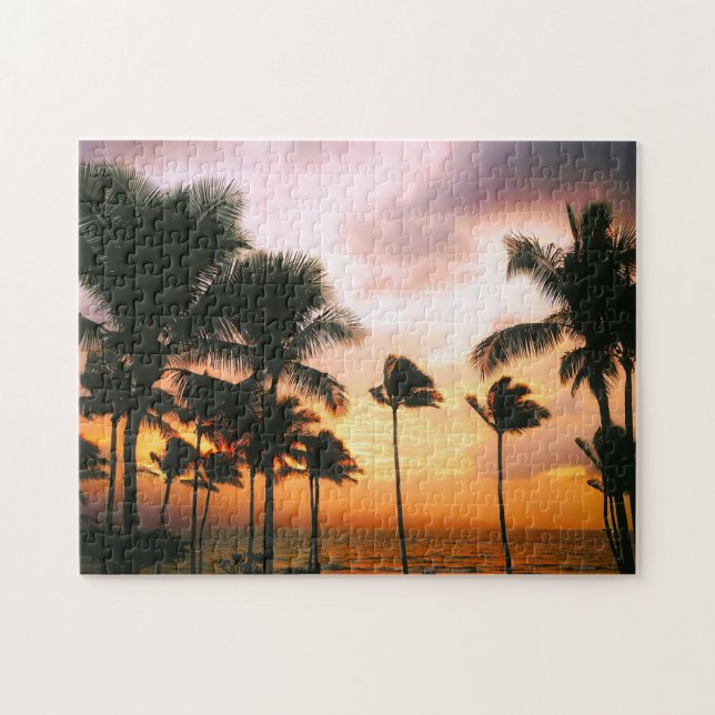 Hawaiian Beach Palm Trees Sunset - Hawaii Reisen Puzzle (Horizontal)