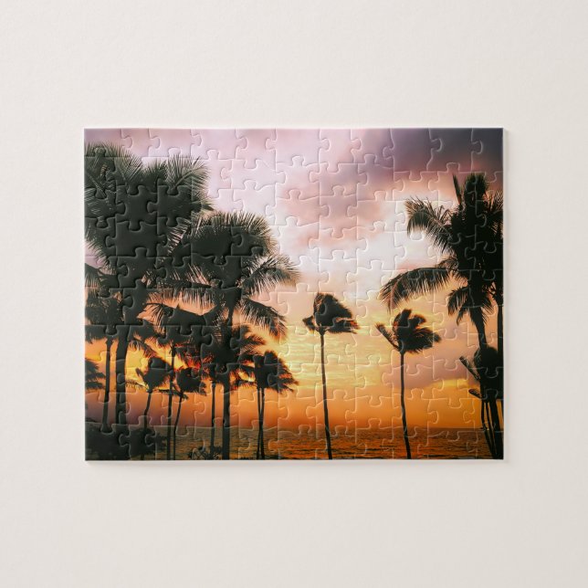 Hawaiian Beach Palm Trees Sunset - Hawaii Reisen Puzzle (Horizontal)